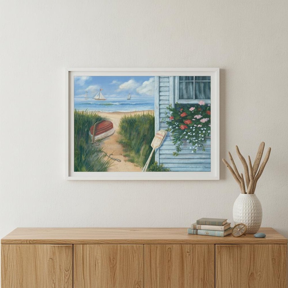 Beach Cottage 1 White Framed Print Wall Art