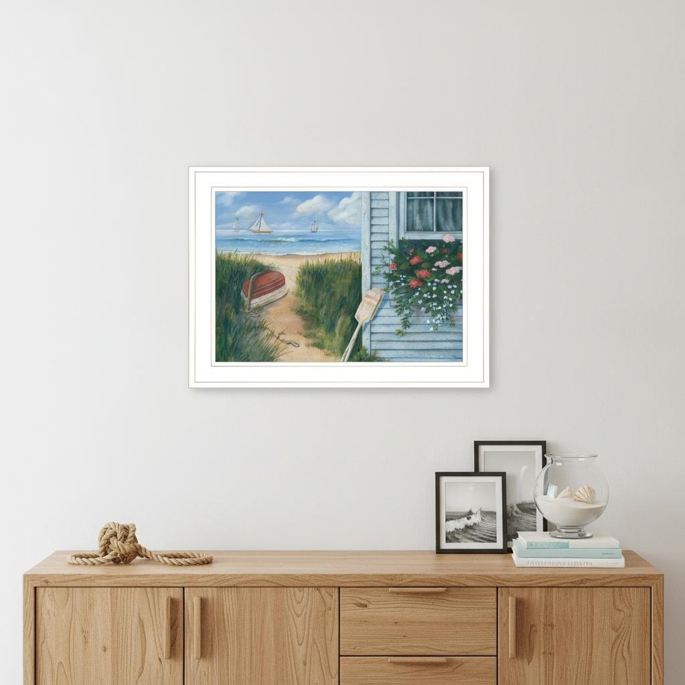 Beach Cottage 1 White Framed Print Wall Art