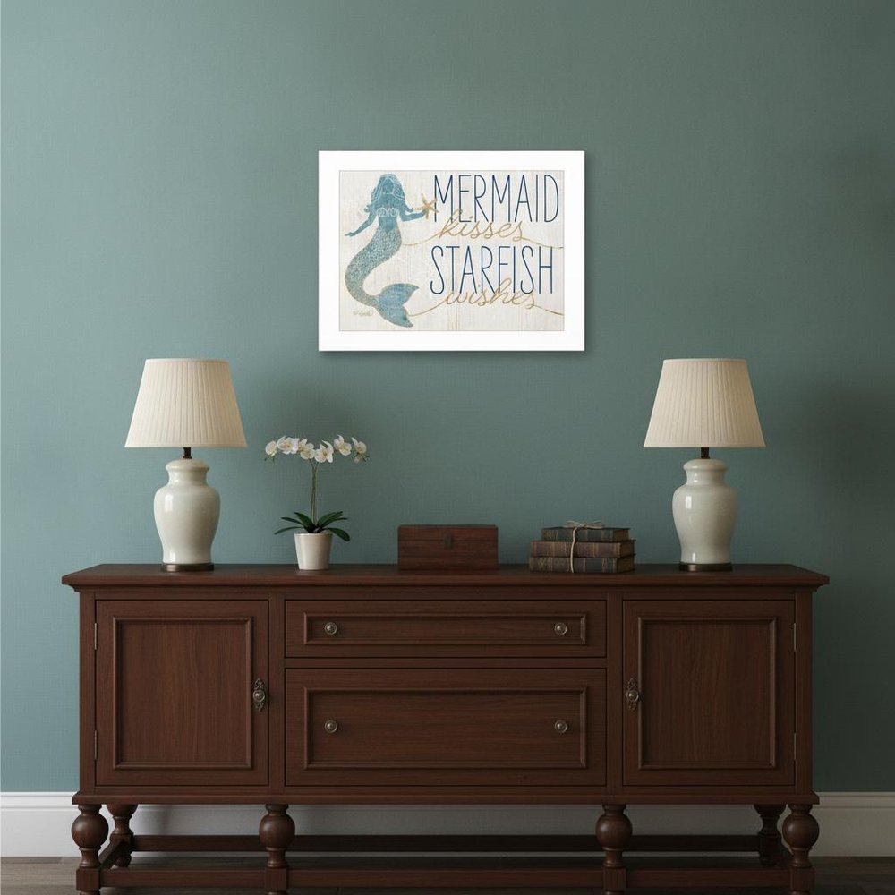 Mermaid Kisses Starfish Wishes 1 White Framed Print Wall Art