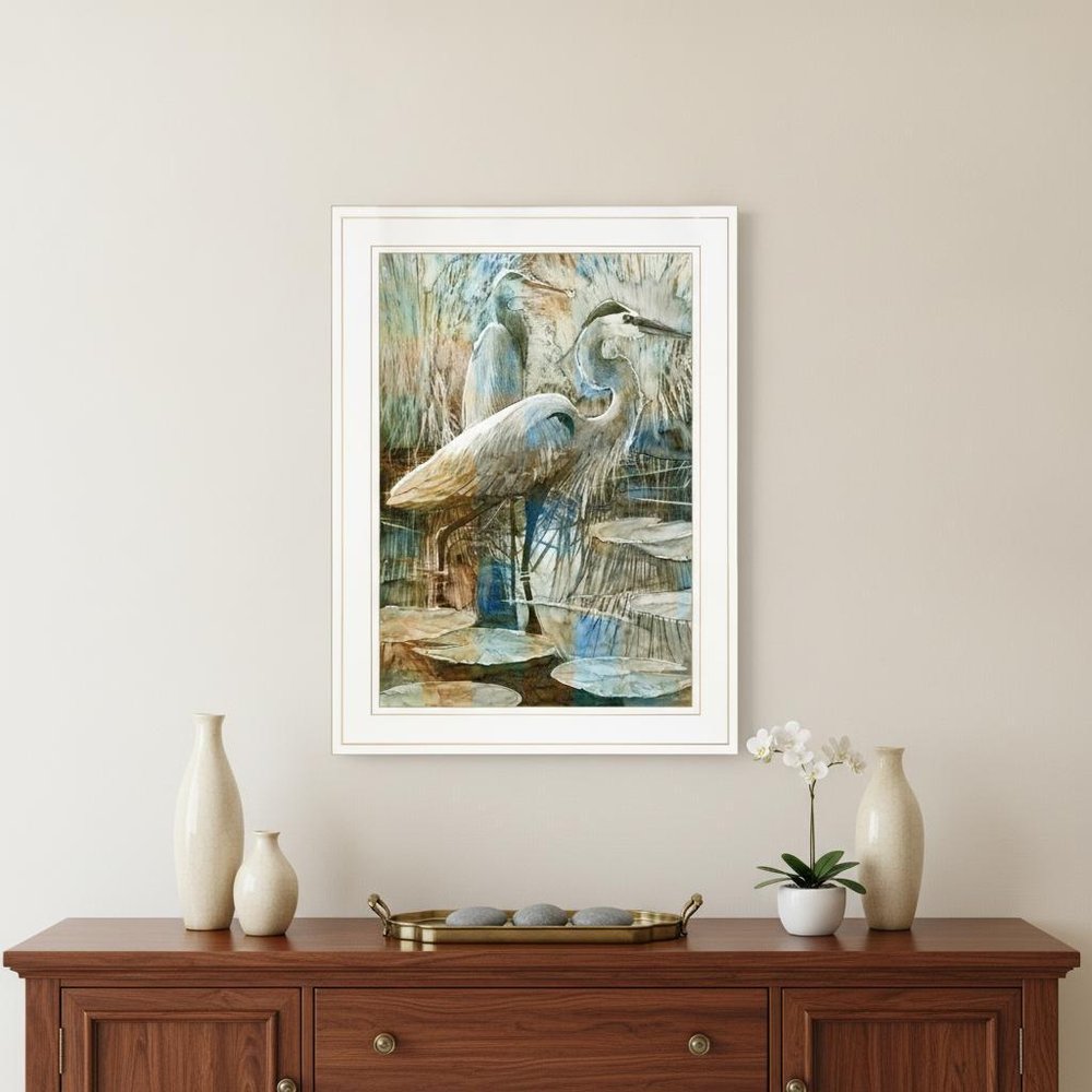 Marsh Herons I 1 White Framed Print Wall Art