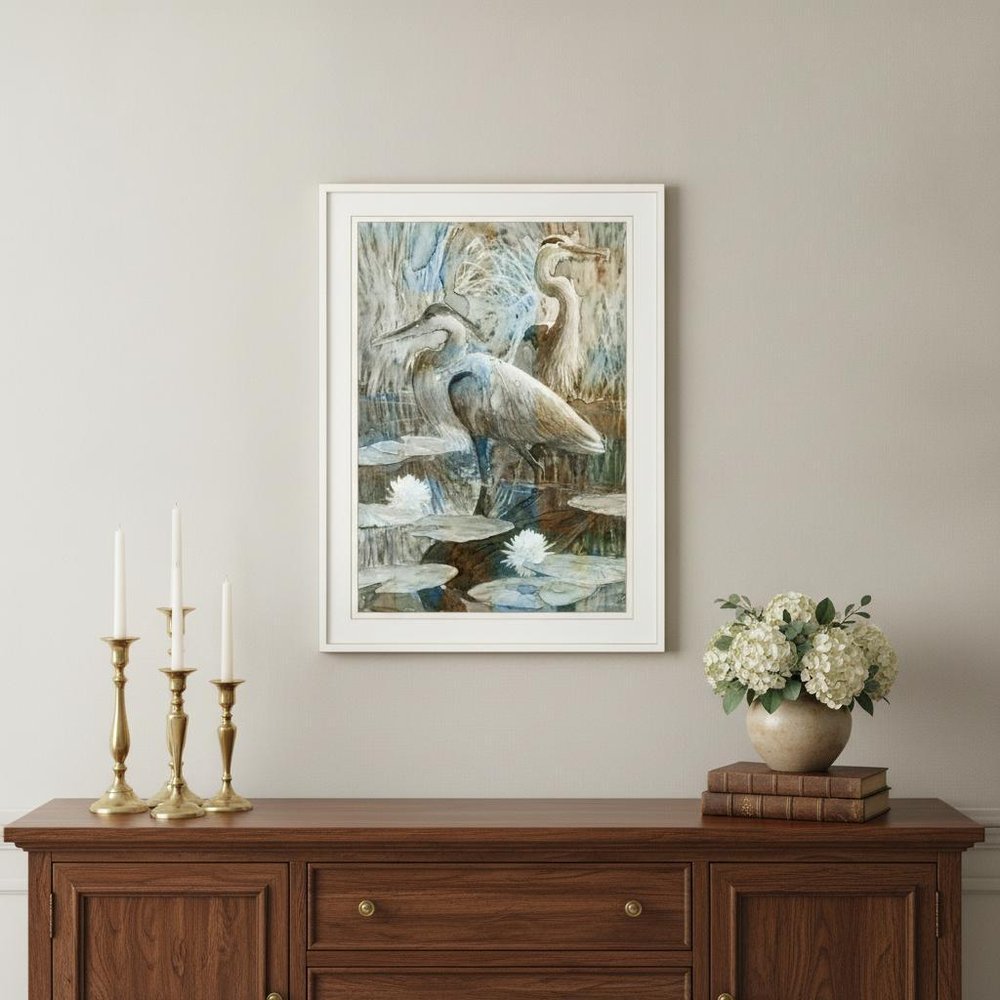 Marsh Herons II 1 White Framed Print Wall Art