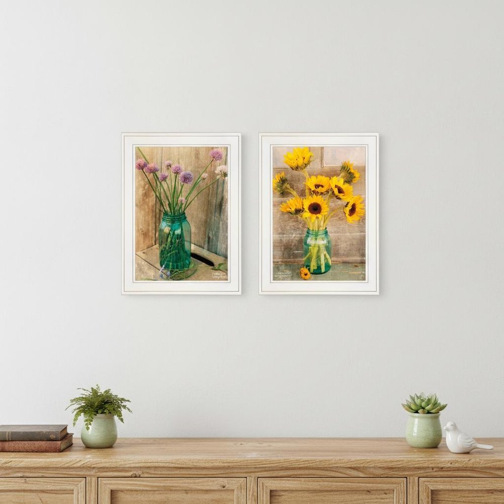 Set Of Two Country Sunflowers and Chives 1 White Framed Print Wall Art