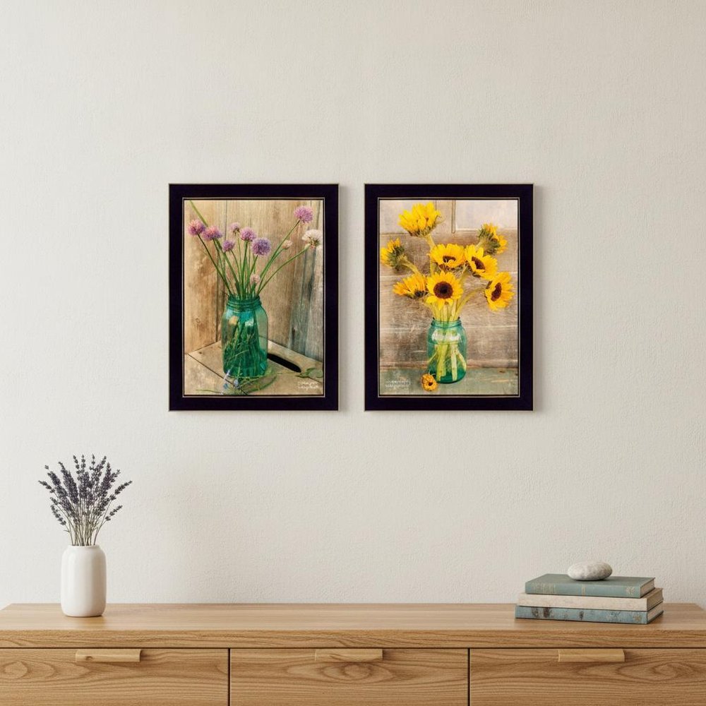 Set Of Two Country Sunflowers and Chives 1 White Framed Print Wall Art