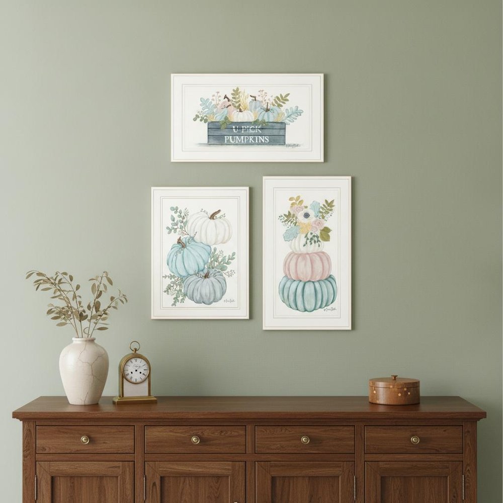 Set Of Three Floral Pumpkins 3 White Framed Print Wall Art