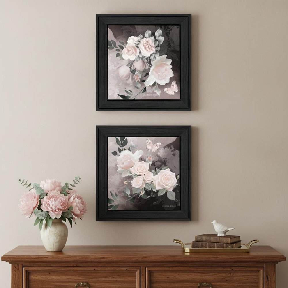 Set Of Two Noir Roses 2 Black Framed Print Wall Art