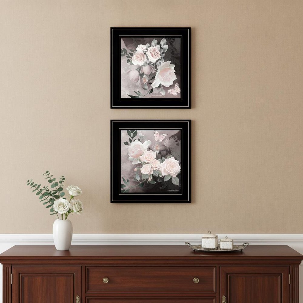Set Of Two Noir Roses 2 Black Framed Print Wall Art