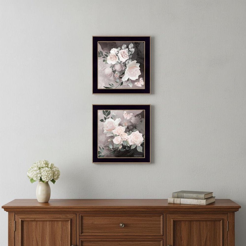 Set Of Two Noir Roses 2 Black Framed Print Wall Art