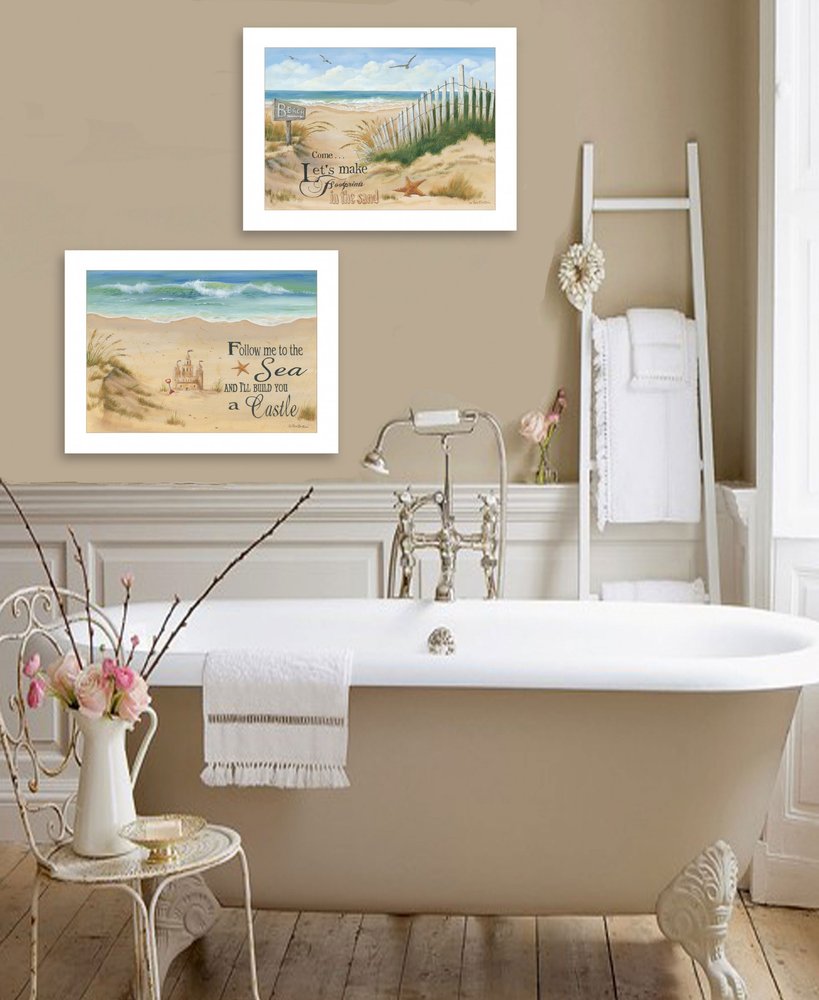 Set Of Two Sand Castle and Footprints 1 White Framed Print Wall Art