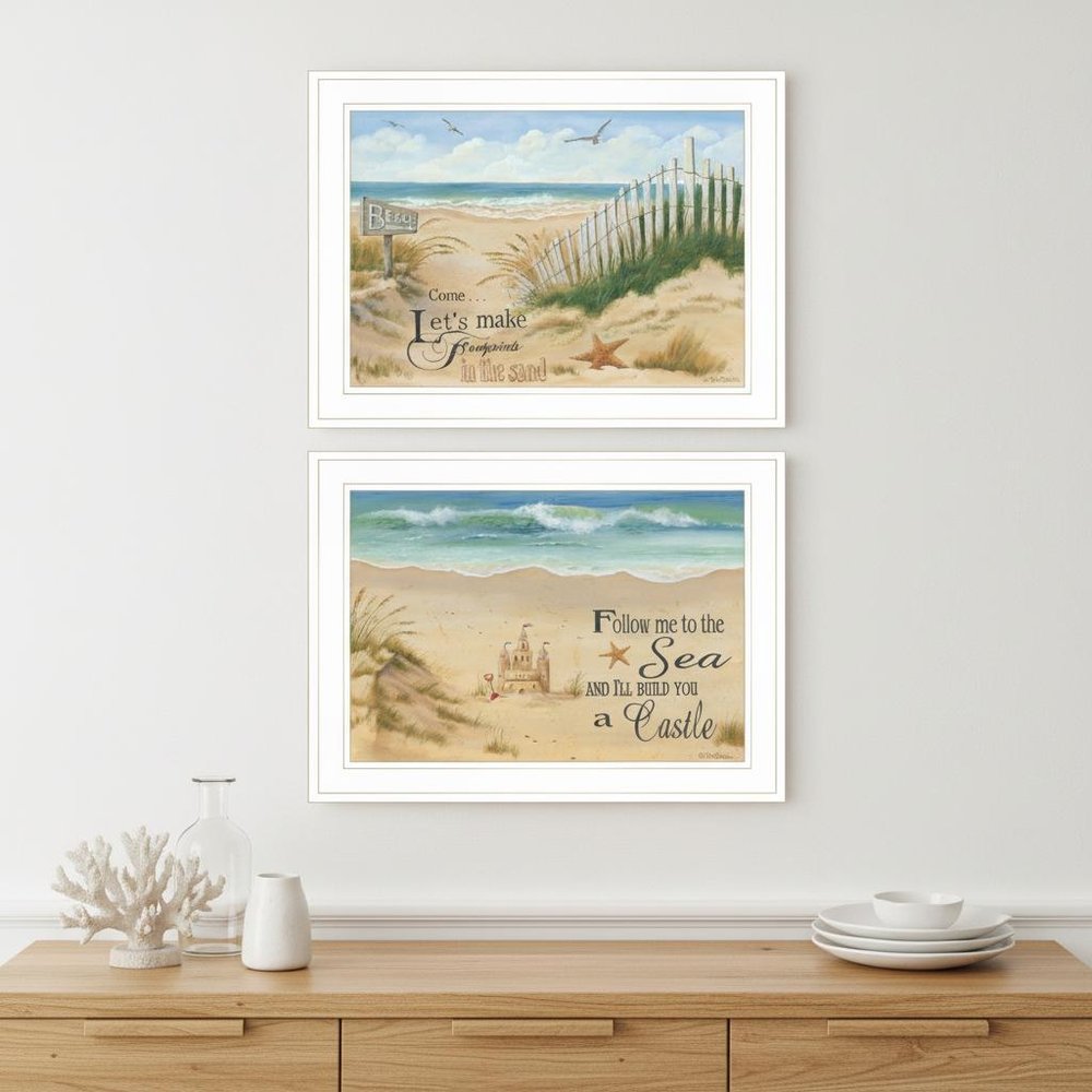 Set Of Two Sand Castle and Footprints 2 White Framed Print Wall Art
