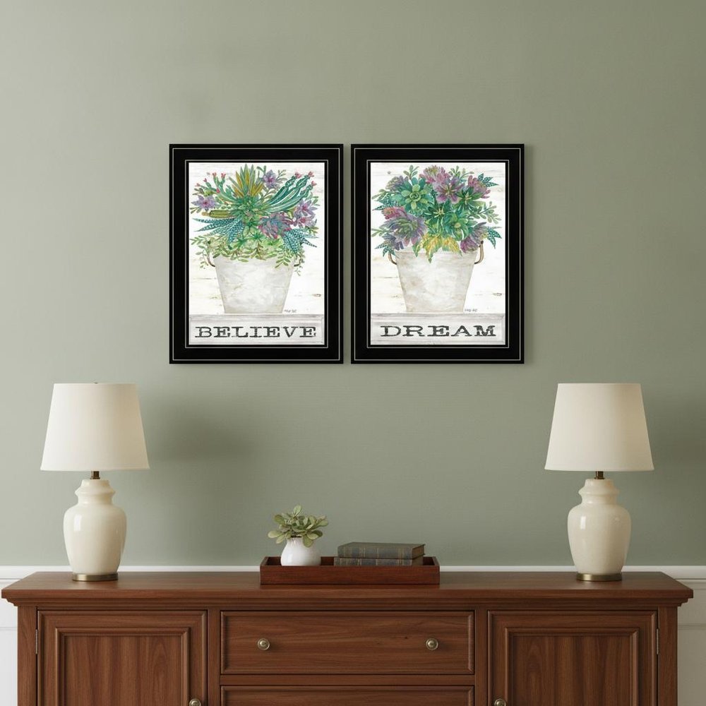 Set Of Two Succulents Dream and Believe Black Framed Print Wall Art