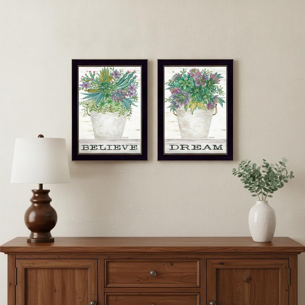 Set Of Two Succulents Dream and Believe Black Framed Print Wall Art