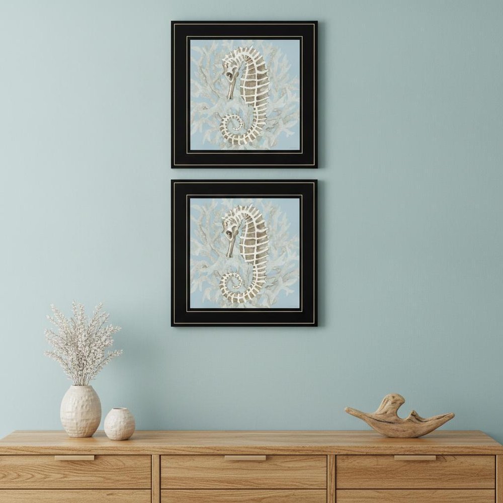 Set Of Two Coral Seahorse 1 Black Framed Print Wall Art
