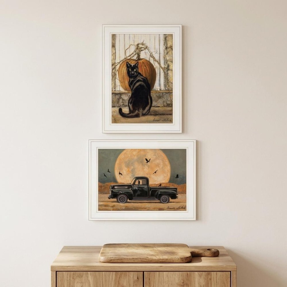 Set Of Two Harvest Moon with A Black Cat and Truck 1 White Framed Print Kitchen Wall Art