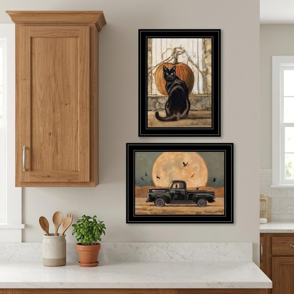 Set Of Two Harvest Moon with A Black Cat and Truck 2 Black Framed Print Kitchen Wall Art
