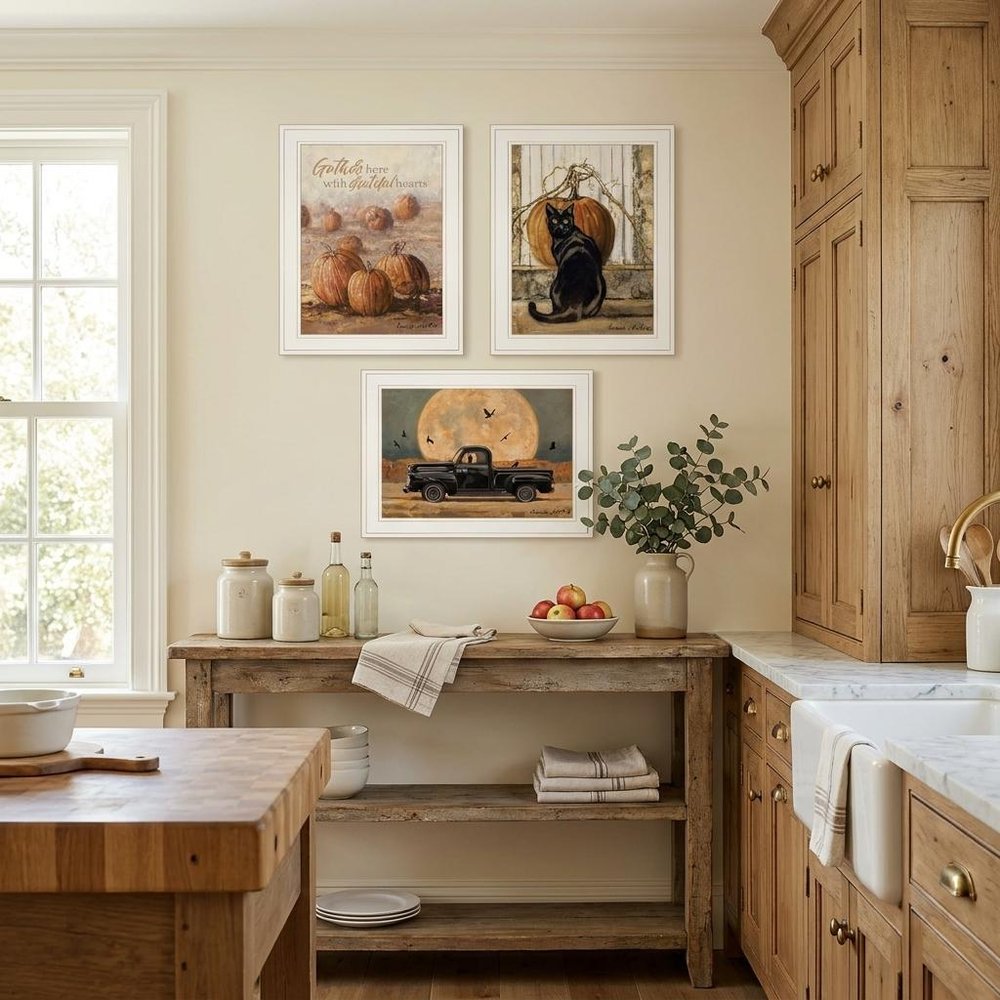 Set Of Three Harvest Moon White Framed Print Kitchen Wall Art