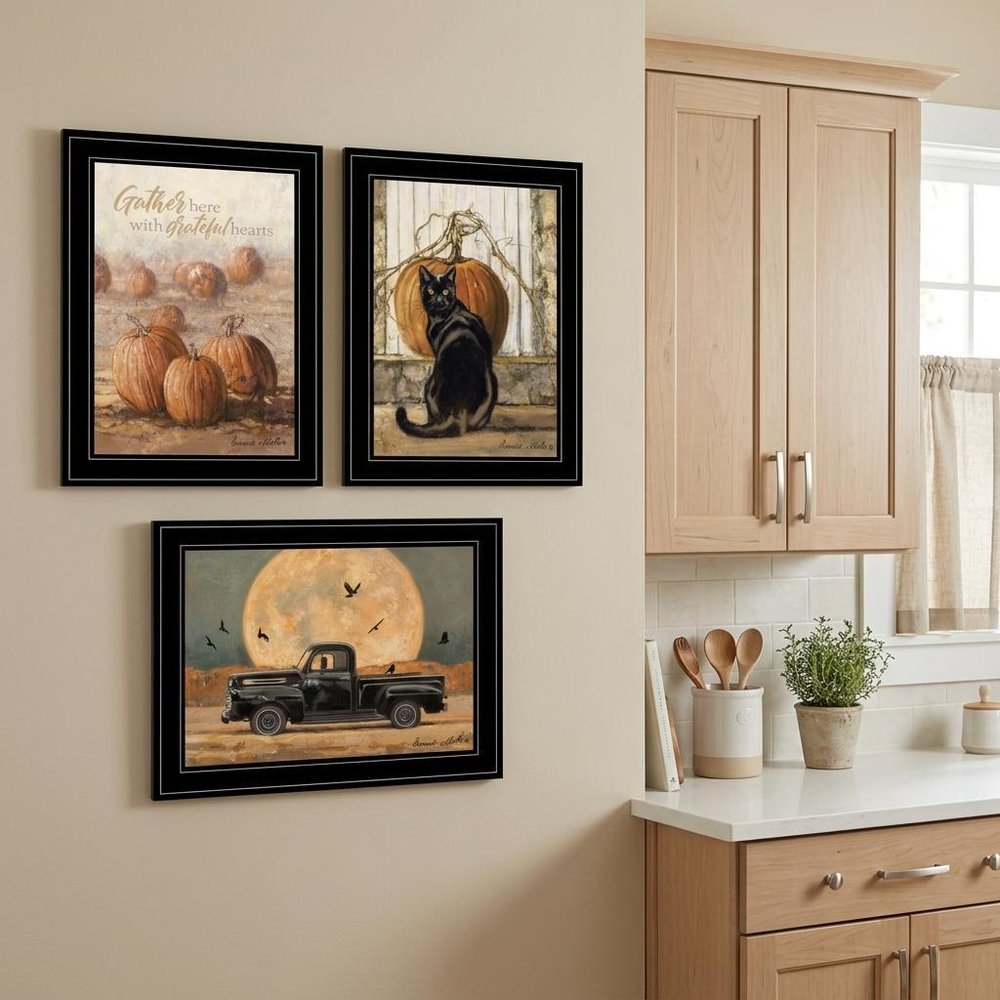 Set Of Three Harvest Moon Black Framed Print Kitchen Wall Art
