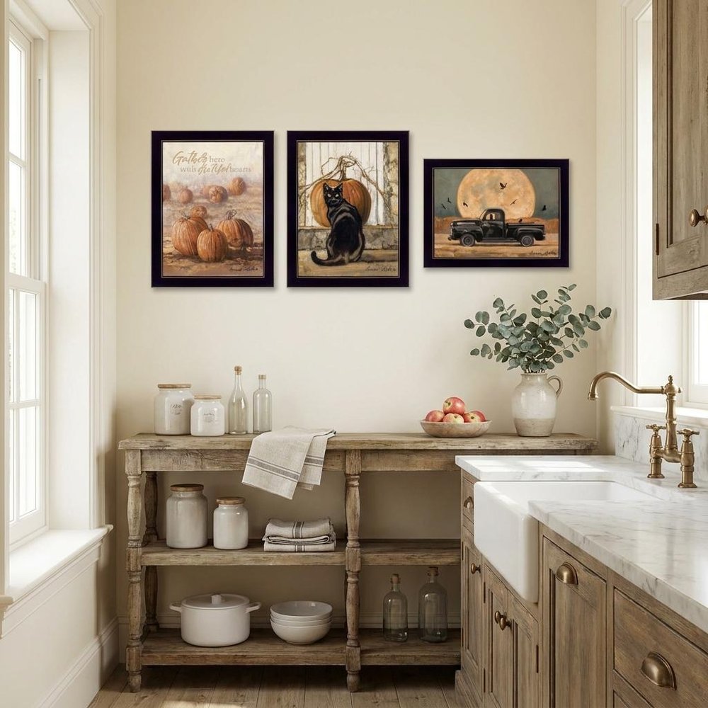 Set Of Three Harvest Moon Black Framed Print Kitchen Wall Art