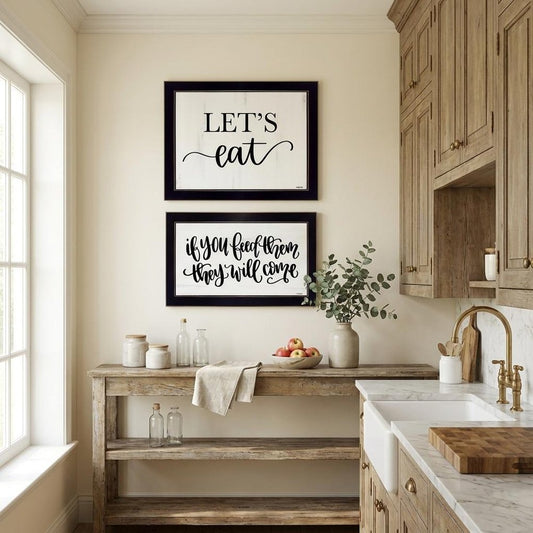 Set Of Two Lets Eat or Feed Them 3 Black Framed Print Kitchen Wall Art