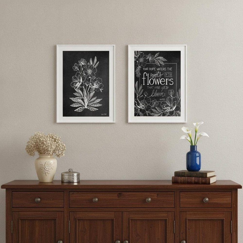 Set Of Two Black and White Flowers in Bloom White Framed Print Wall Art