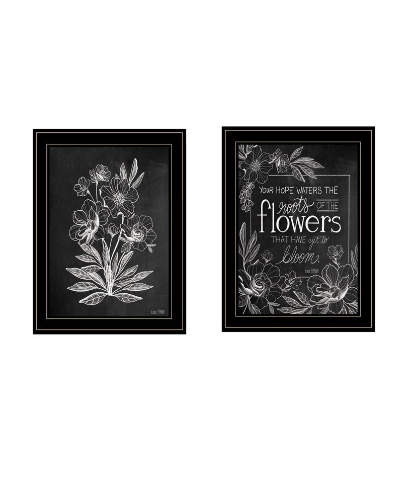 Set Of Two Black and White Flowers in Bloom White Framed Print Wall Art