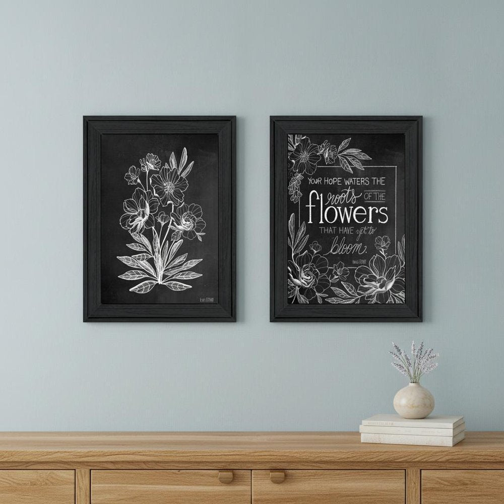 Set Of Two Vintage Chalkboard Blooms Black Framed Print Wall Art