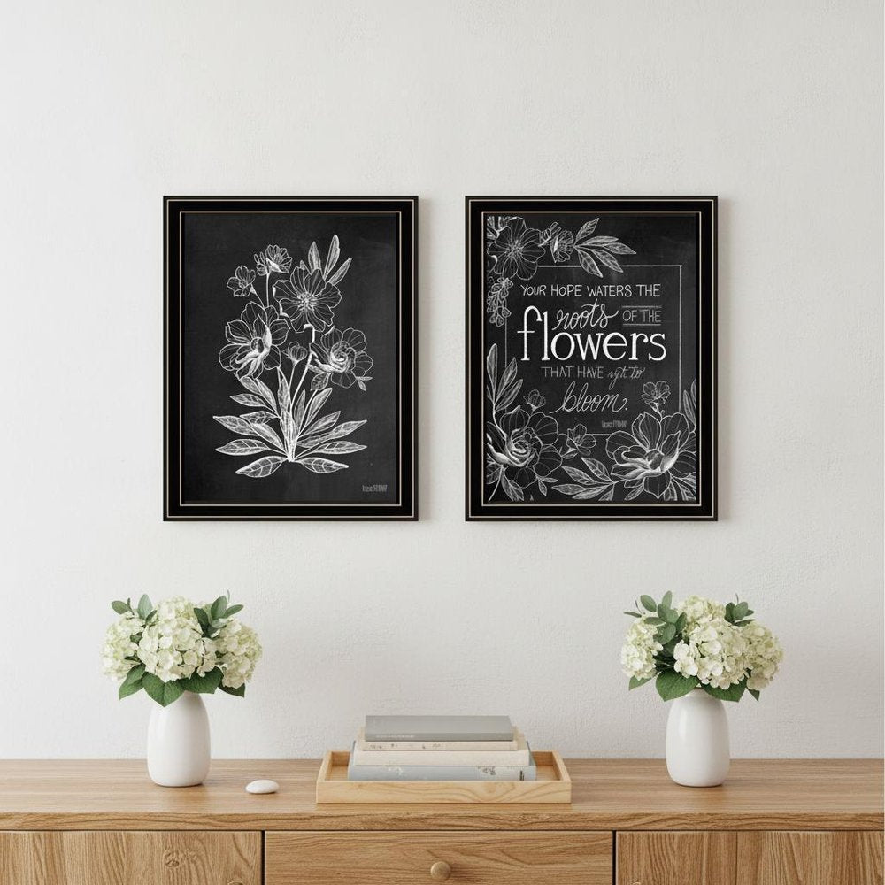 Set Of Two Vintage Chalkboard Blooms Black Framed Print Wall Art