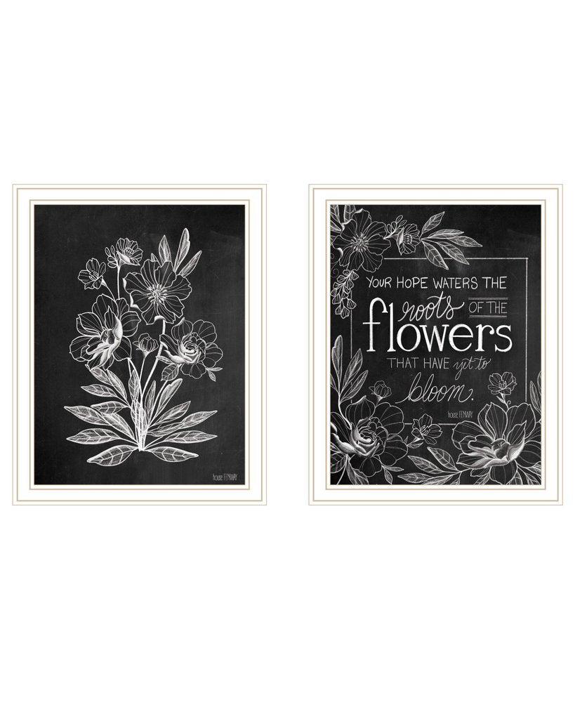 Set Of Two Vintage Chalkboard Blooms Black Framed Print Wall Art