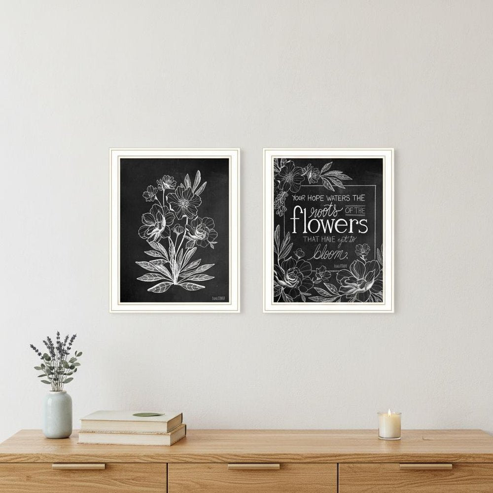 Set Of Two Vintage Chalkboard Blooms Black Framed Print Wall Art