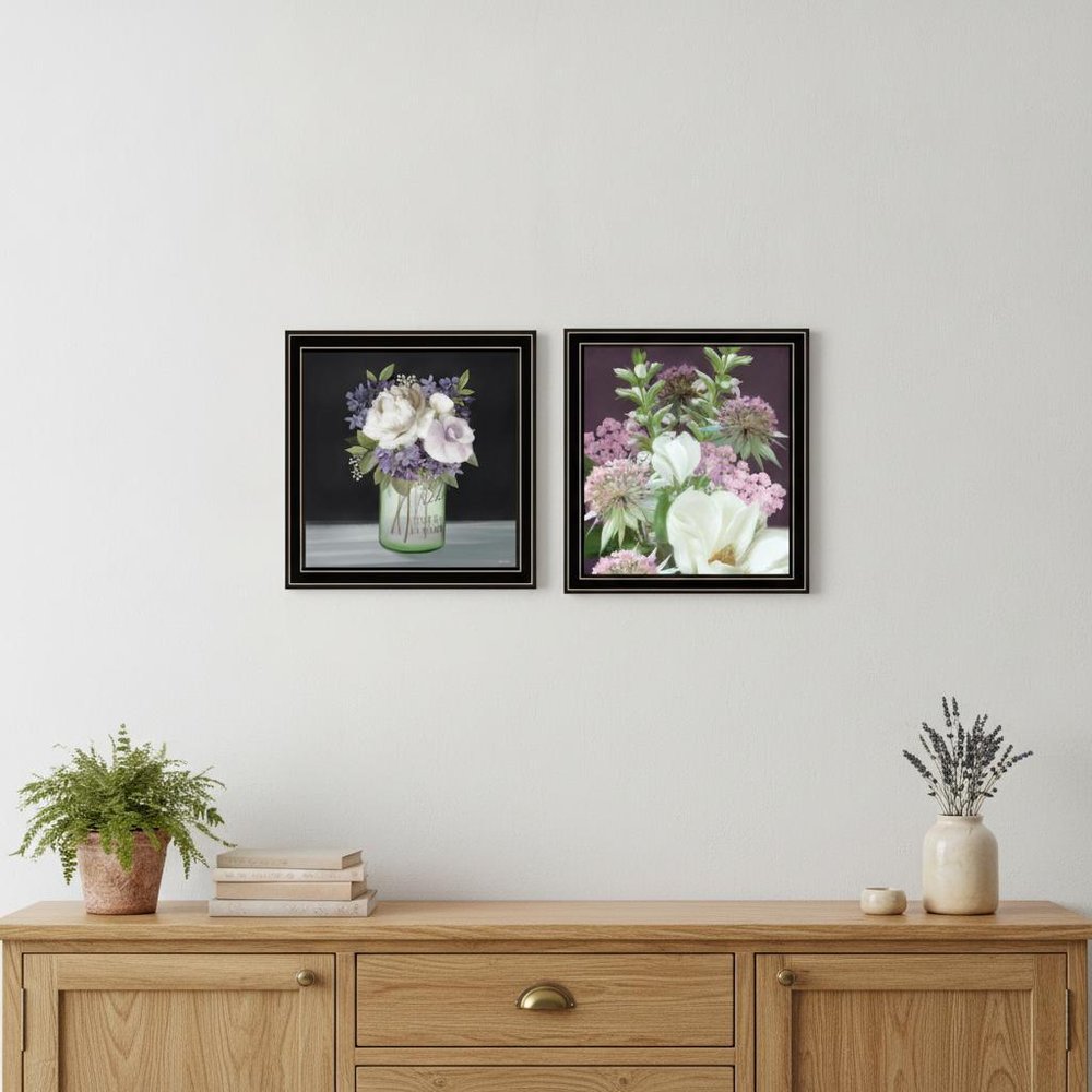 Set Of Two Lilac and Wild Plum Bouquet Black Framed Print Wall Art