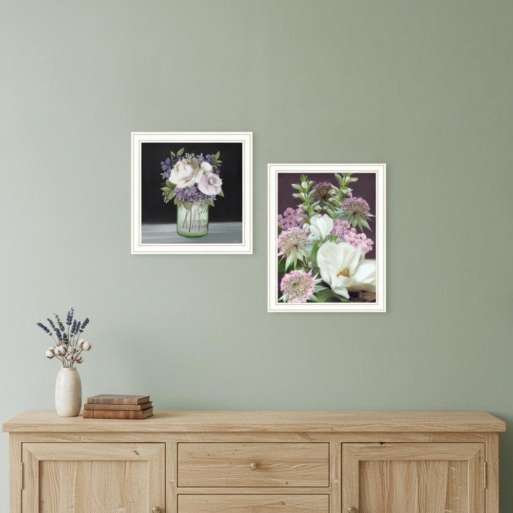 Set Of Two Lilac and Wild Plum Bouquet Black Framed Print Wall Art