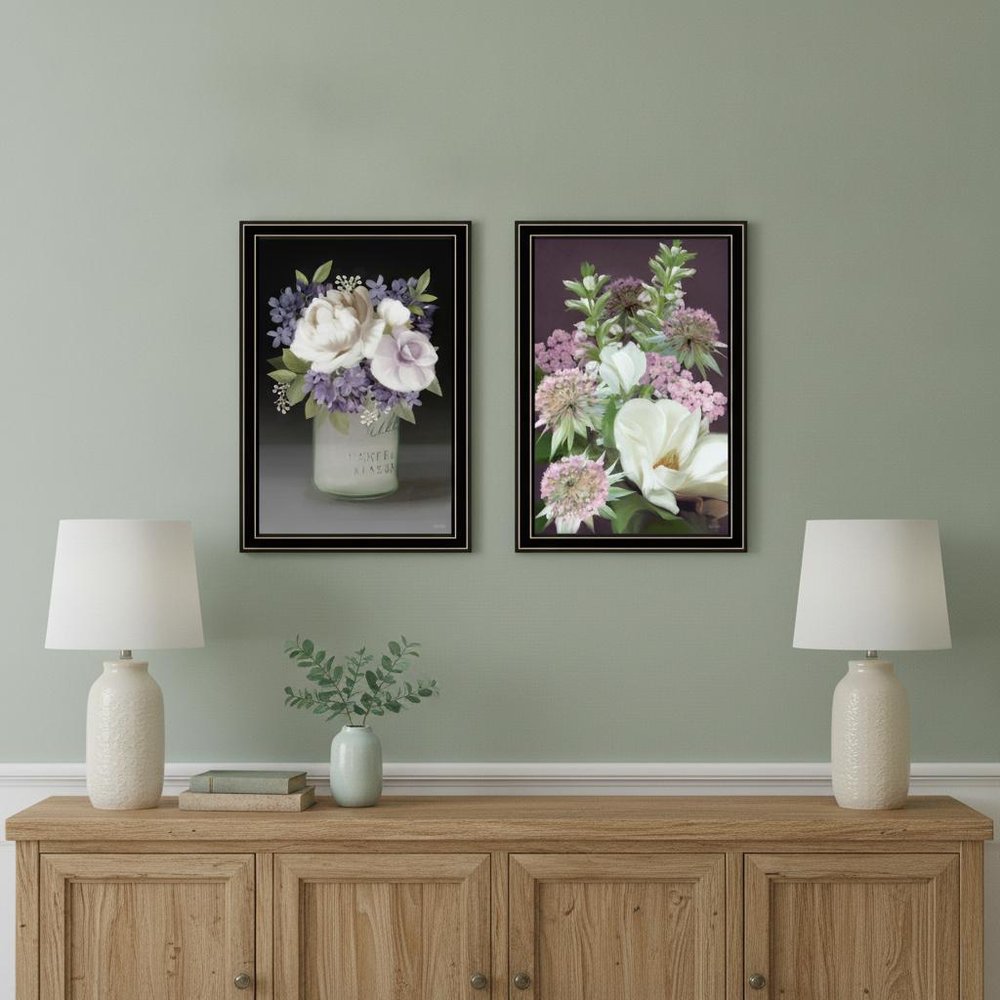 Set Of Two Lilac and Wild Plum Bouquet Black Framed Print Wall Art