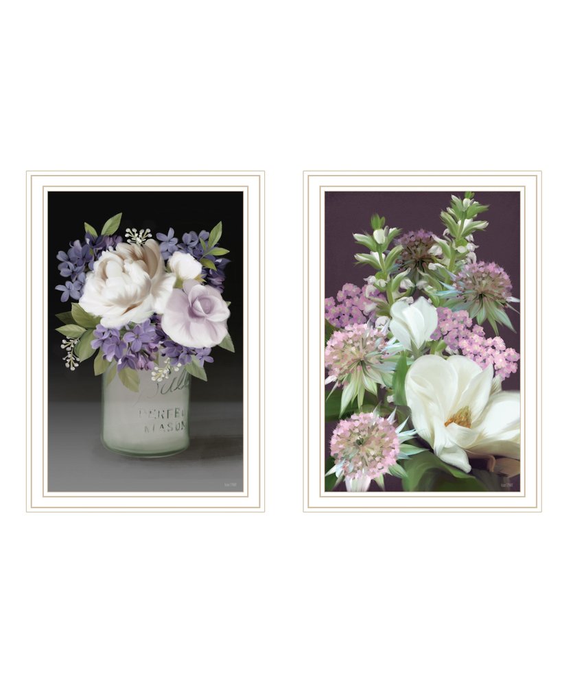 Set Of Two Lilac and Wild Plum Bouquet White Framed Print Wall Art