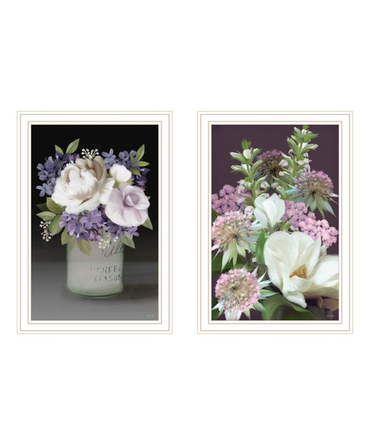 Set Of Two Lilac and Wild Plum Bouquet White Framed Print Wall Art