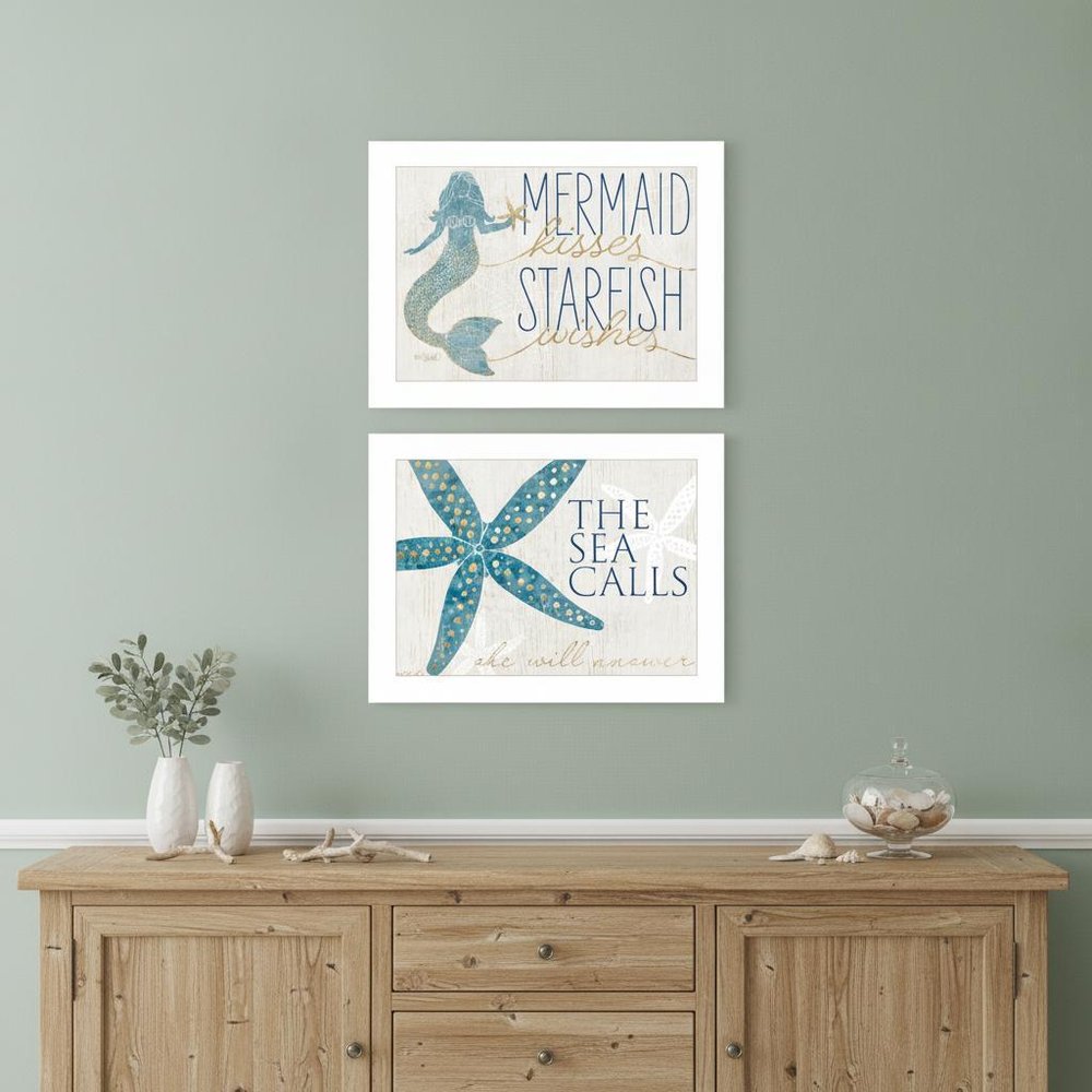 Set Of Two Mermaid Kisses Starfish Wishes 1 White Framed Print Wall Art