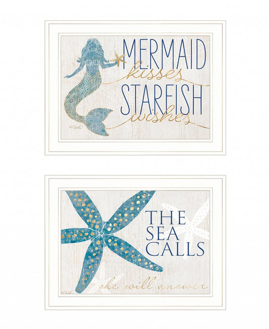 Set Of Two Mermaid Kisses Starfish Wishes 2 White Framed Print Wall Art