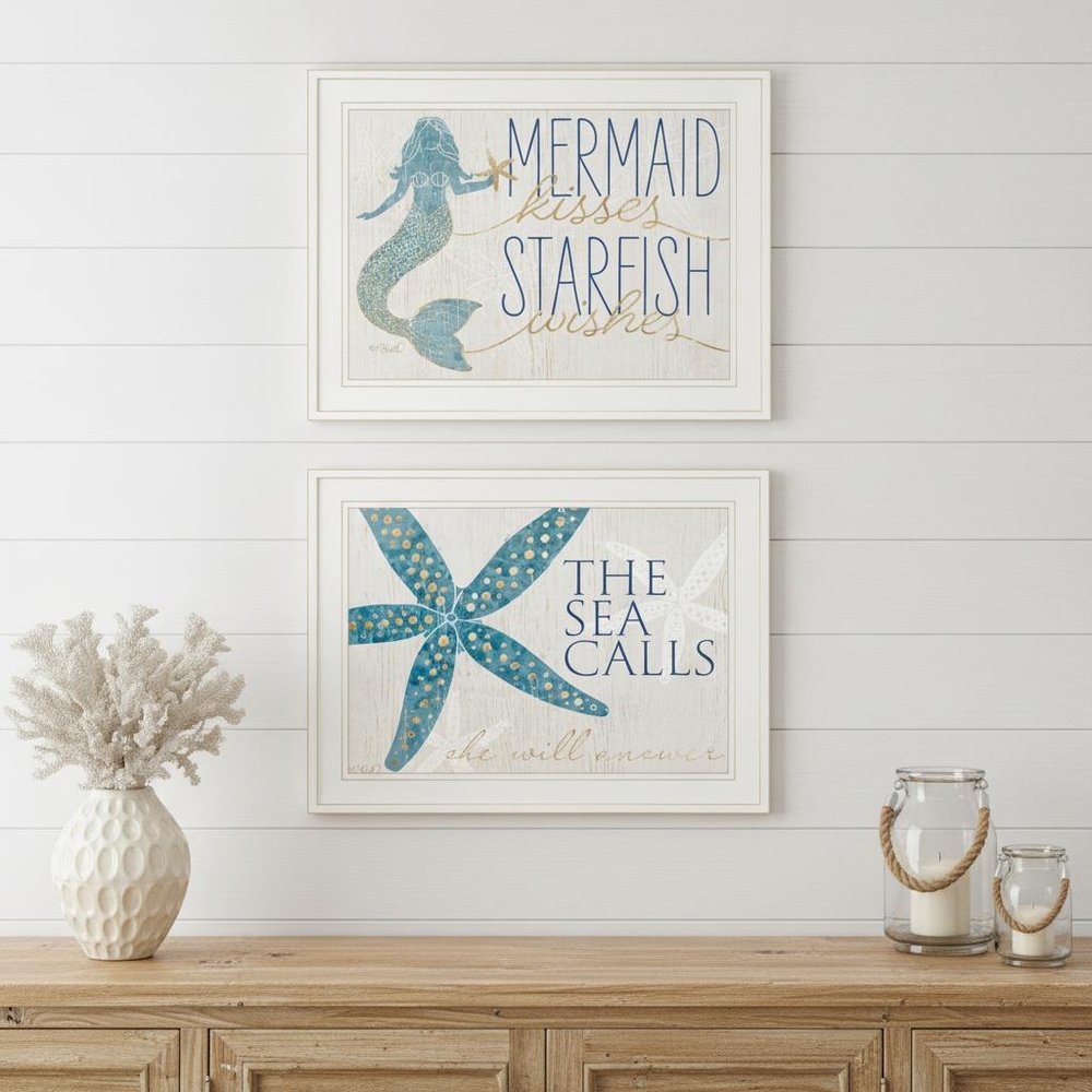 Set Of Two Mermaid Kisses Starfish Wishes 2 White Framed Print Wall Art