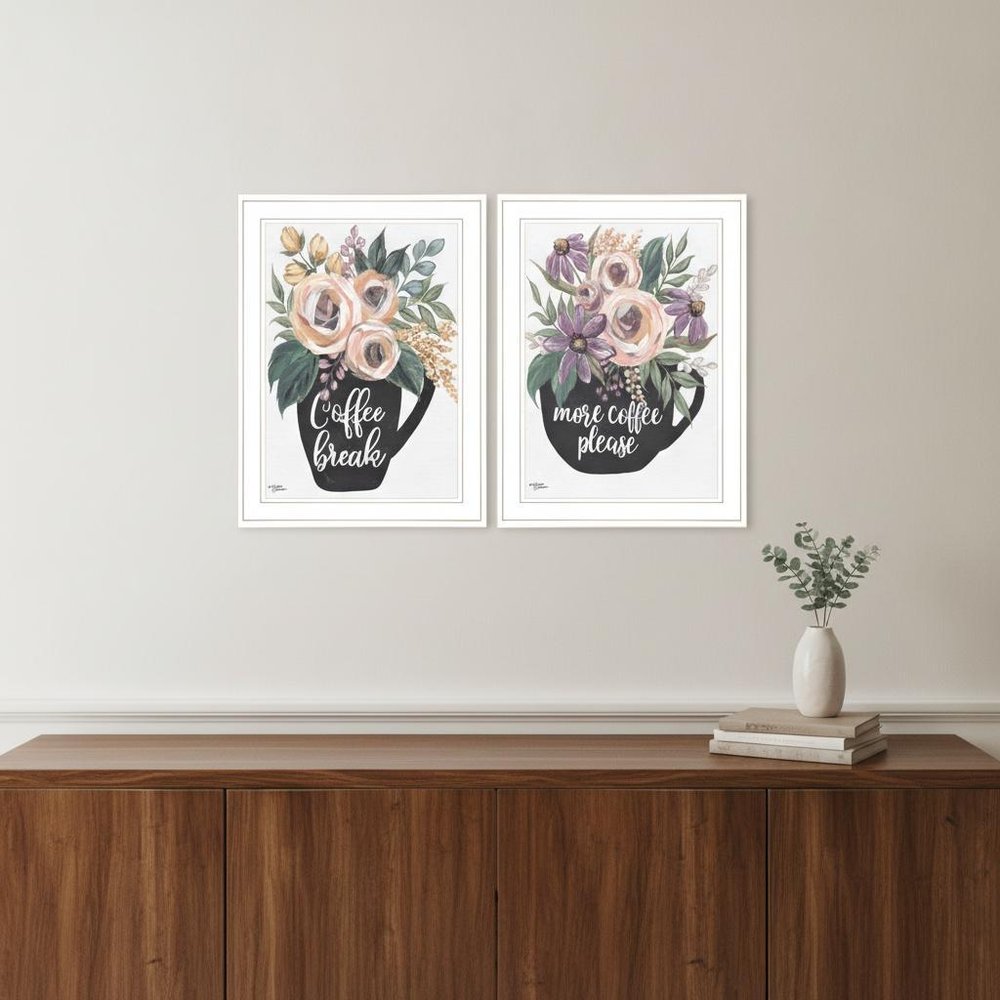 Set Of Two Coffee And Flowers White Framed Print Kitchen Wall Art