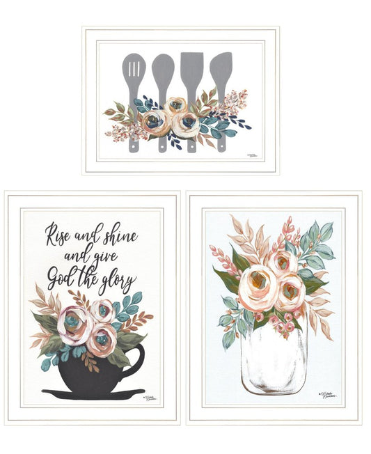 Set Of Three Rise and Shine White Framed Print Kitchen Wall Art