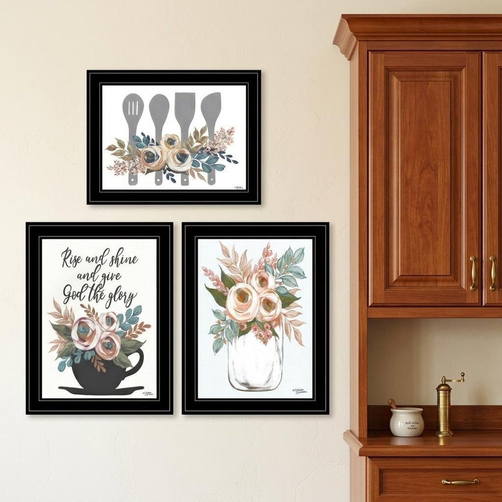 Set Of Three Rise and Shine Kitchen Black Framed Print Kitchen Wall Art