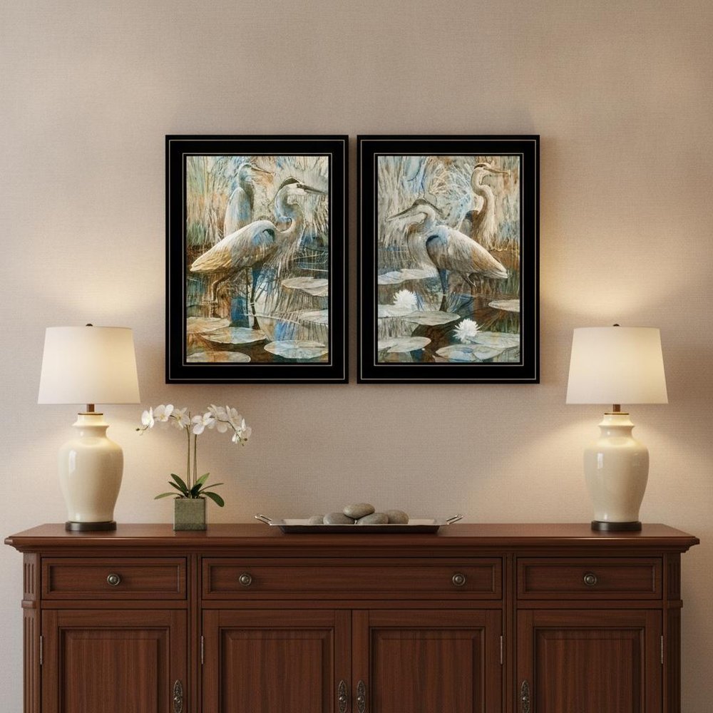 Set Of Two Marsh Herons I and Sea II Black Framed Print Wall Art