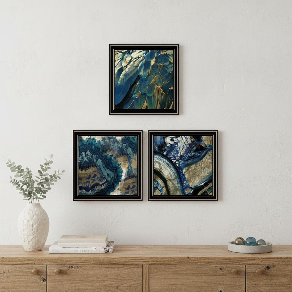 Set Of Three Deep Blue 1 Black Framed Print Wall Art