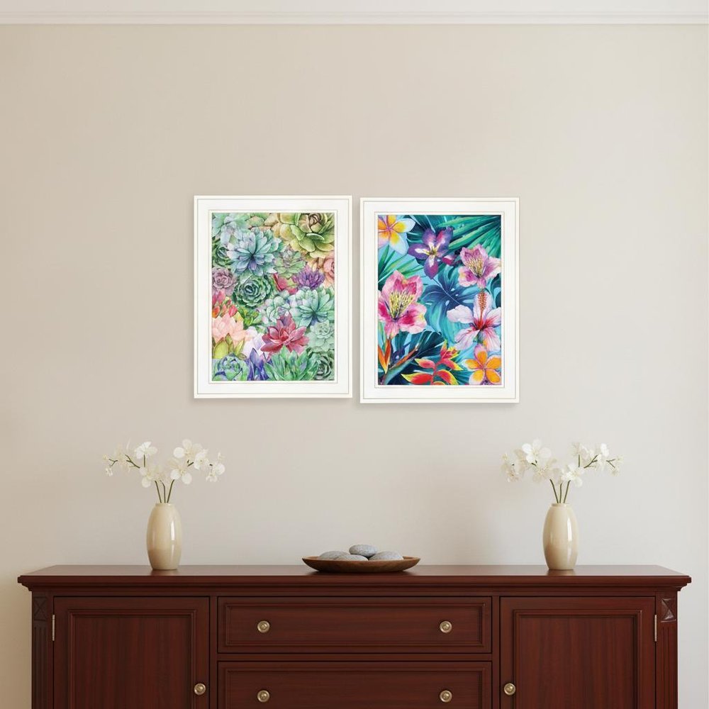 Set Of Two Succulents Paradise and Tropical Flowers White Framed Print Wall Art