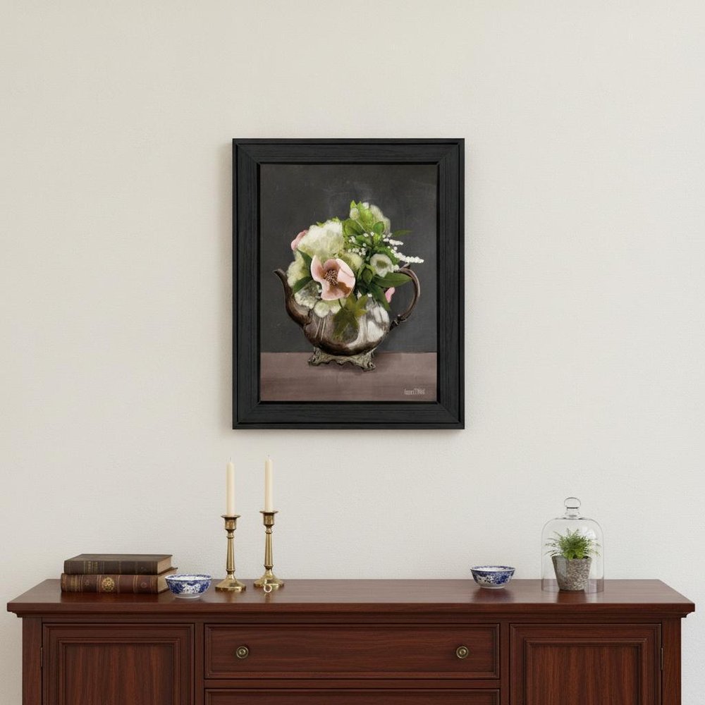 Vintage Floral Tea Pot 1 Black Framed Print Kitchen Wall Art