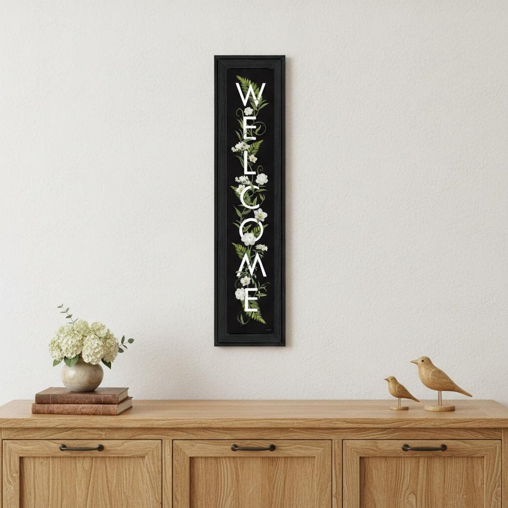 Black Floral Welcome Sign Framed Wall Art