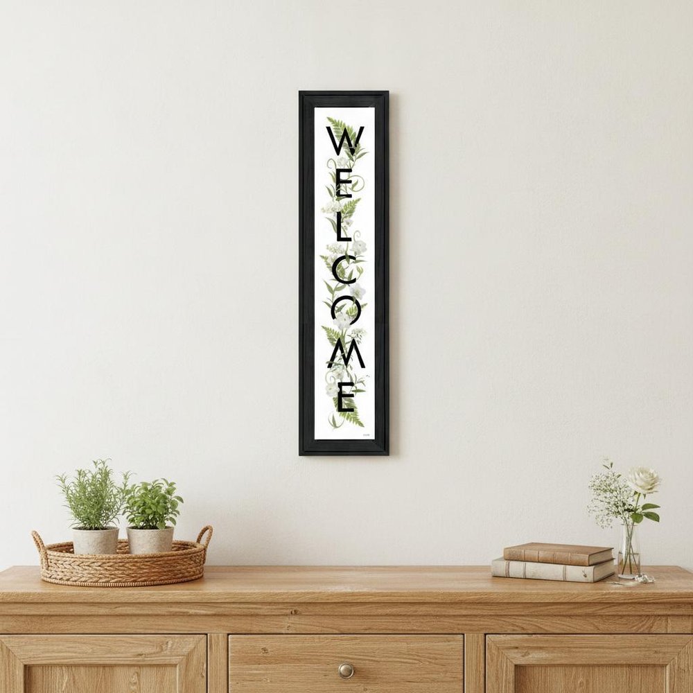 Black And White Floral Welcome Sign Framed Wall Art
