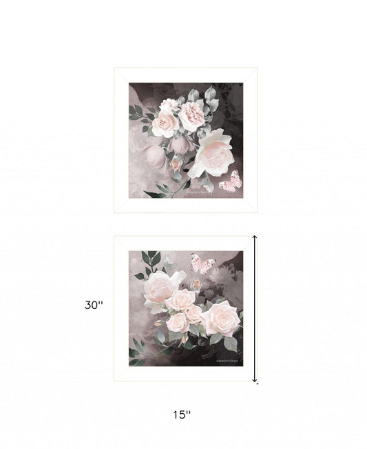 Set Of Two Noir Roses 5 White Framed Print Wall Art