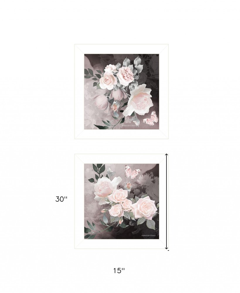 Set Of Two Noir Roses 5 White Framed Print Wall Art