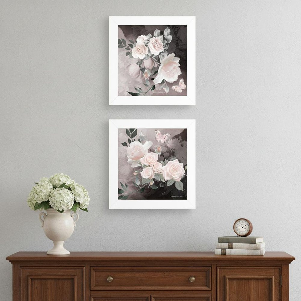 Set Of Two Noir Roses 5 White Framed Print Wall Art