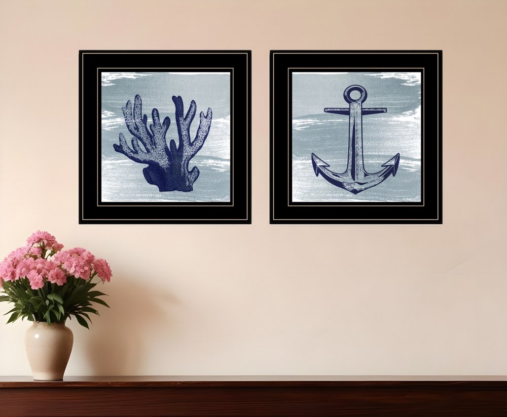 Set Of Two The Beach Coastal 2 Black Framed Print Wall Art