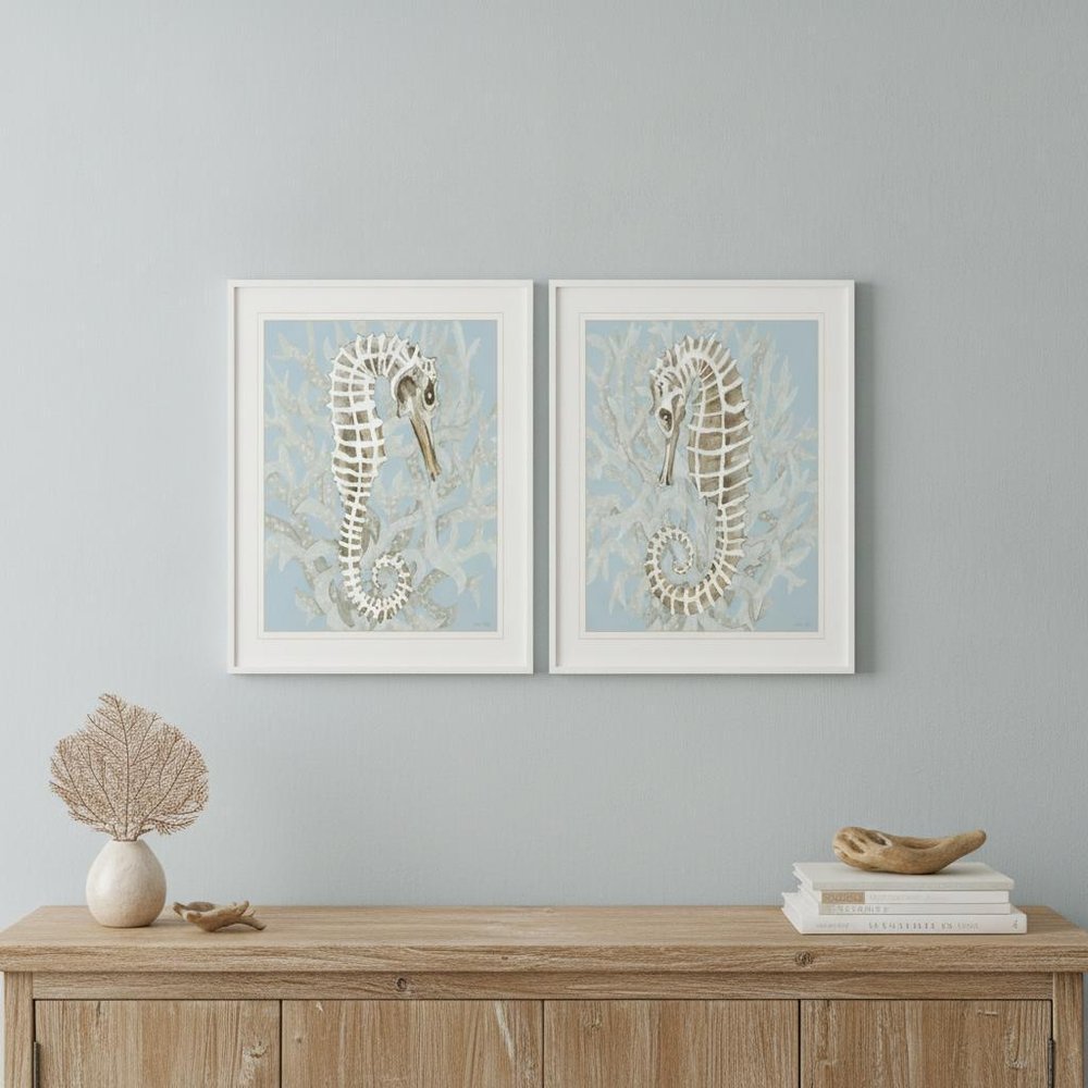 Set Of Two Coral Seahorse White Framed Print Wall Art